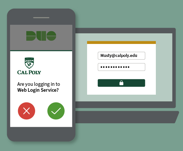 Graphic with cell phone showing Duo screen and Cal Poly Portal username and password