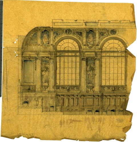 Julia Morgan’s “assignment sketch” of an interior elevation, created while studying at École des Beaux-Arts, circa 1900. Image courtesy of Julia Morgan Papers, Special Collections, California Polytechnic State University.