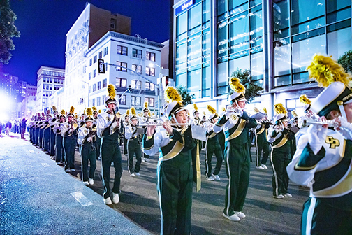 The Cal Poly Mustang Marching Band performs in the Chinese New Year Parade in San Francisco in 2022.