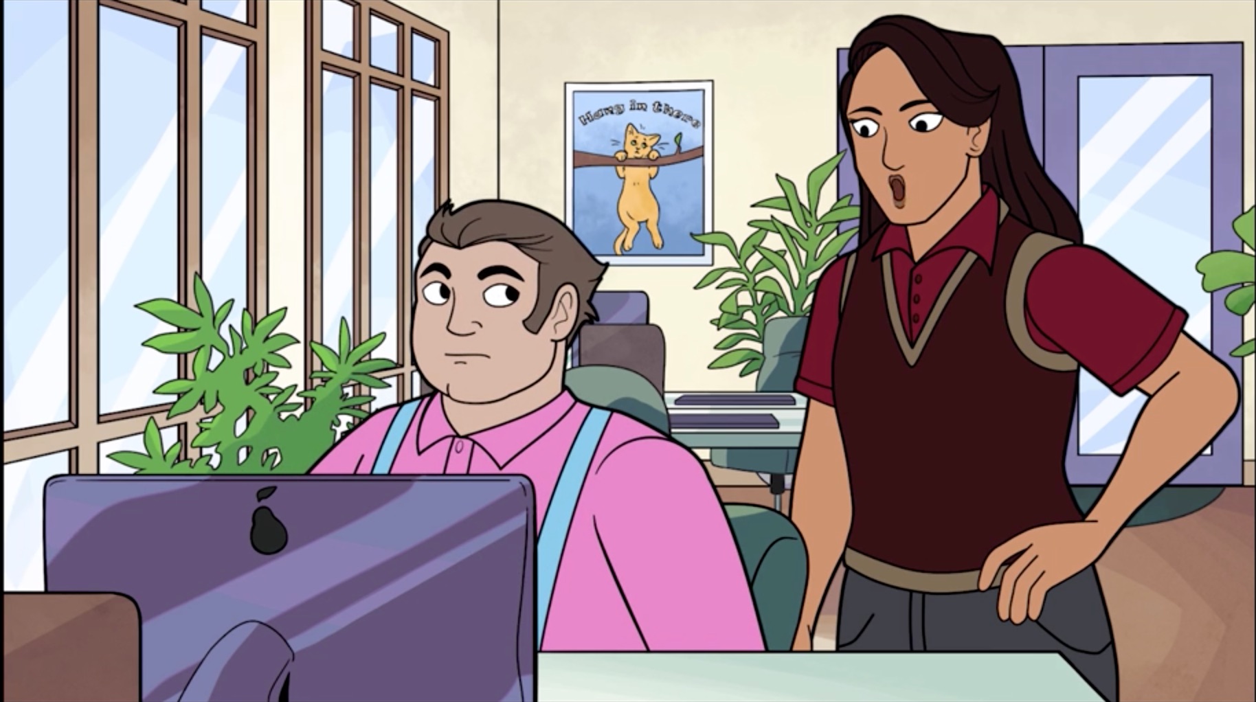 Cartoon of woman with a shocked expression standing behind a man who is seated at his computer