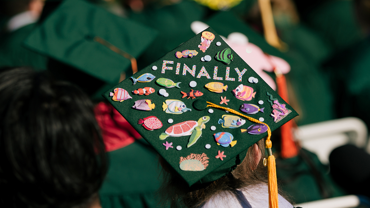 The top of a student's mortarboard, decorated with the word "Finally," a variety of sea animals, and a yellow tassel