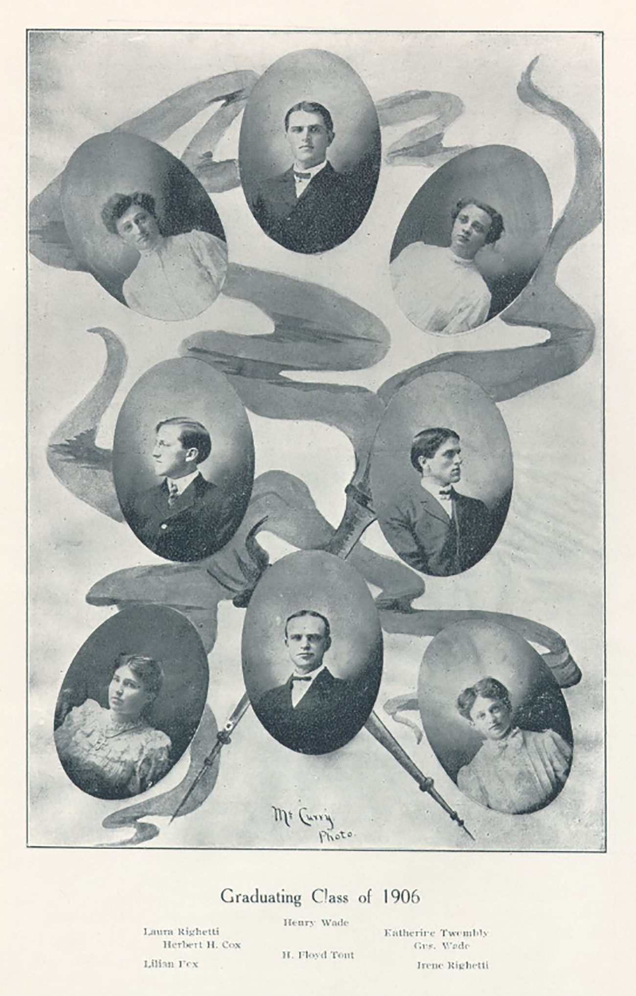 A page from a vintage Cal Poly yearbook diplaying the portraits of 8 graduates from the class of 1906.
