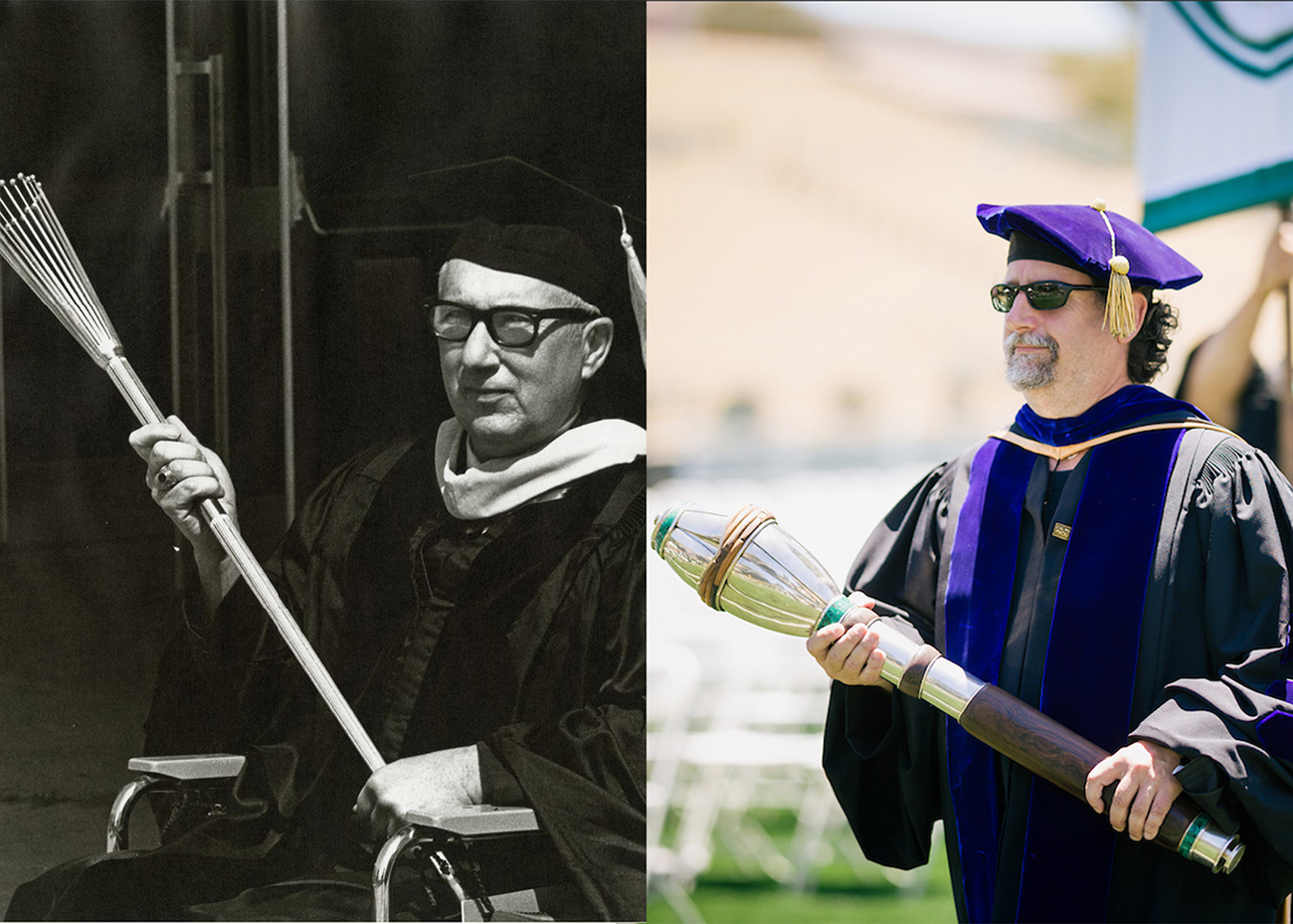 Left: In a black and white photo, a professor in academic regalia holds a long, spiny ceremonial mace. Right: A professor in academic regalia walks across a field holding a bulbous ceremonial mace.