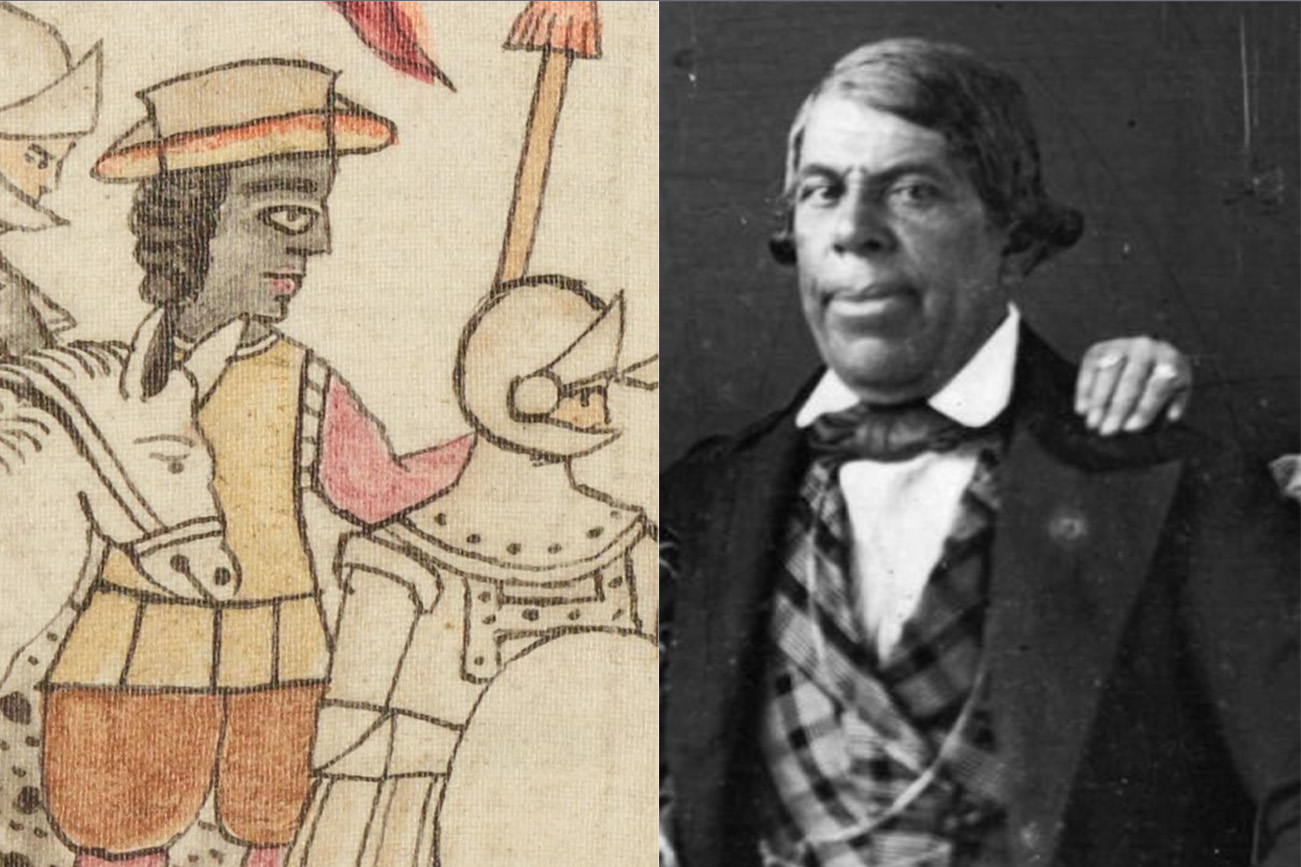 Left: An historical illustration of a Black soldier marching among armored Conquistadors. Right: a 19th-century black and white photo of a man in a suit.