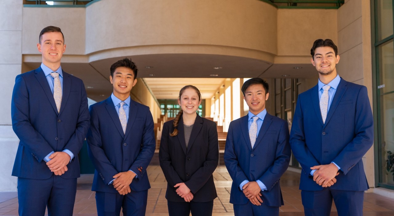 A team of five Orfalea College of Business students has advanced to the next stage of the 2021-22 Chartered Financial Analyst Institute Research Challenge. Finance students, from left, Dominic Juliano, Samuel Paik, Alexandra Joelson (team captain), Cameron Wong, and Shingo O’Flaherty represented Cal Poly in the annual global competition.