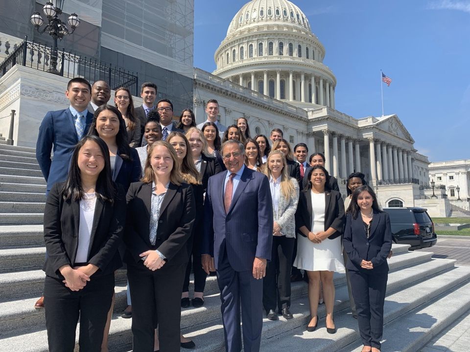 Cal Poly’s 2019 Panetta Intern Christine Lam with her fellow interns and Secretary Leon Panetta.