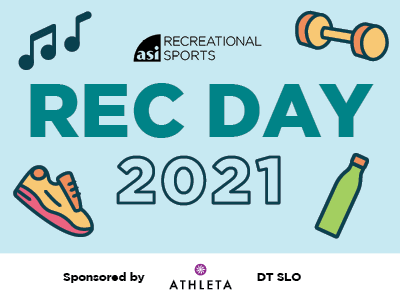 graphic that says Rec Day 2021 with icons of music notes, weights, a shoe and a water bottle