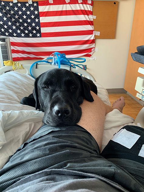 A black dog rests his head on a man's knee, with medical equipment and the American flag in the background