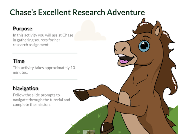 An animated drawing of a brown mustang on a white background under the heading "Chase's Excellent Research Adventure," written in green. The slide describes a virtual research activity at Kennedy Library.