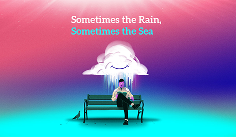 Illustration for Sometimes the Rain, Sometimes the Sea with a person sitting on a park bench under a cloud