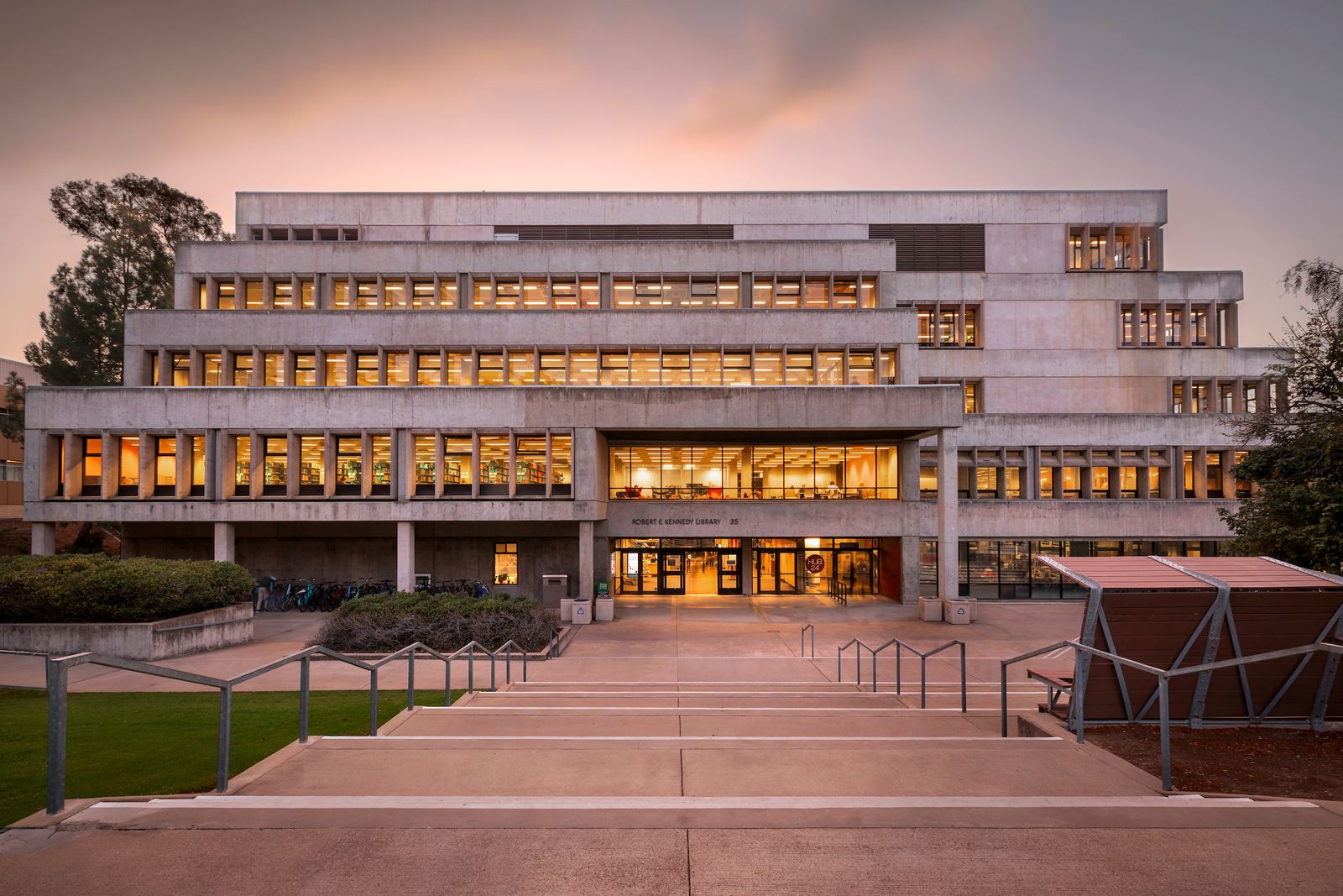 The Kennedy Library at dusk.