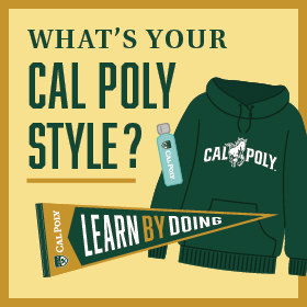 What’s your Cal Poly style? Photo of Cal Poly branded sweatshirt, water bottle, pennant