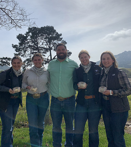 The Cal Poly Animal Science Academic Quadrathlon team members (from left), Ashley Tartaglia, Genna Vieira, Assistant Professor Zach McFarlane (team mentor), Rachael Stucke and Sophia Juarez after their win at the Western Section of the American Society of Animal Science Academic Quadrathlon competition hosted by Cal Poly