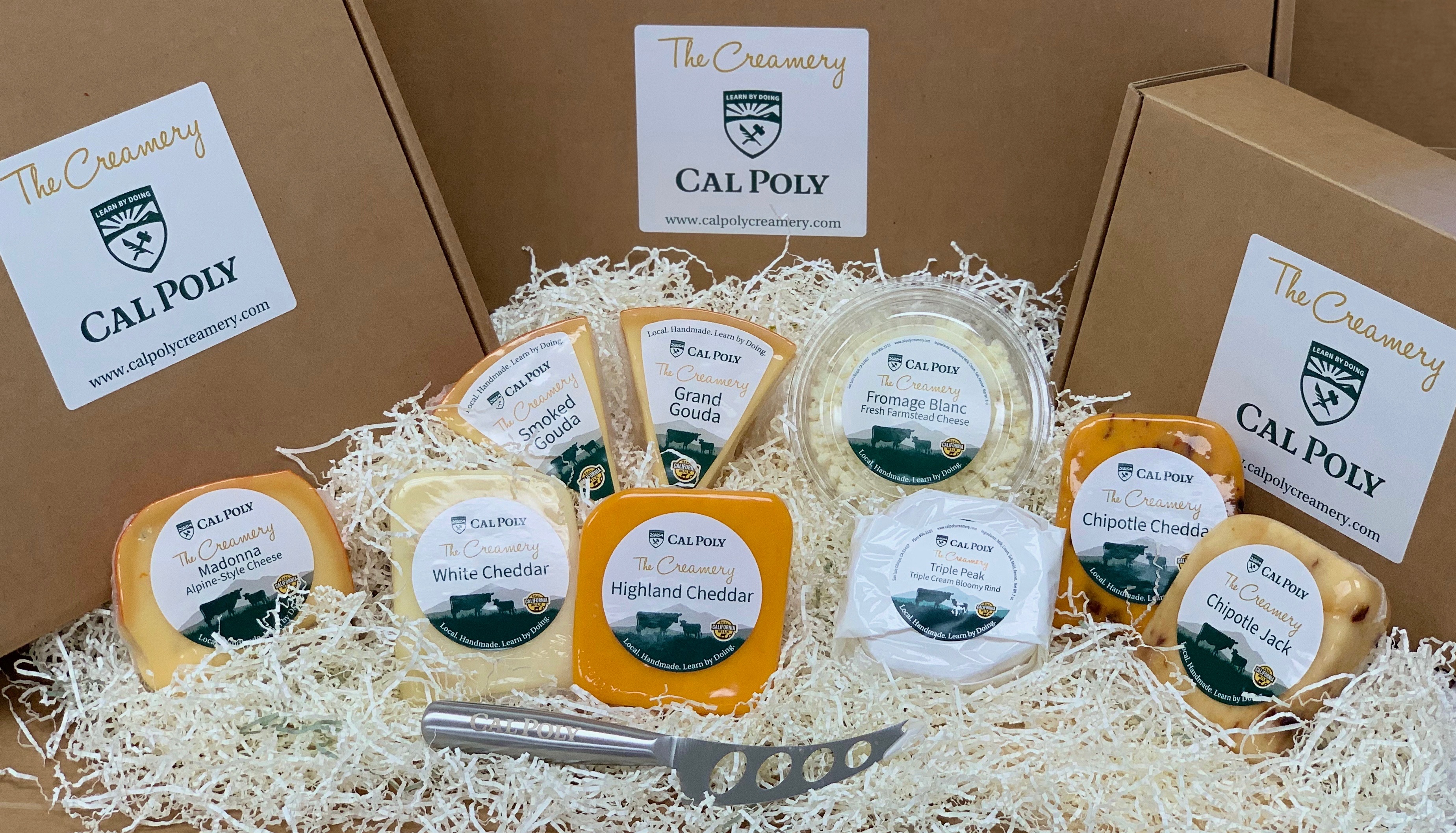 Cheeses with Cal Poly Creamery boxes