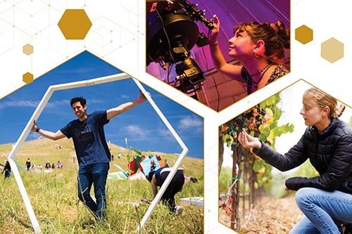 Collage of images - students in vineyard, Design Village, and with a telescope 