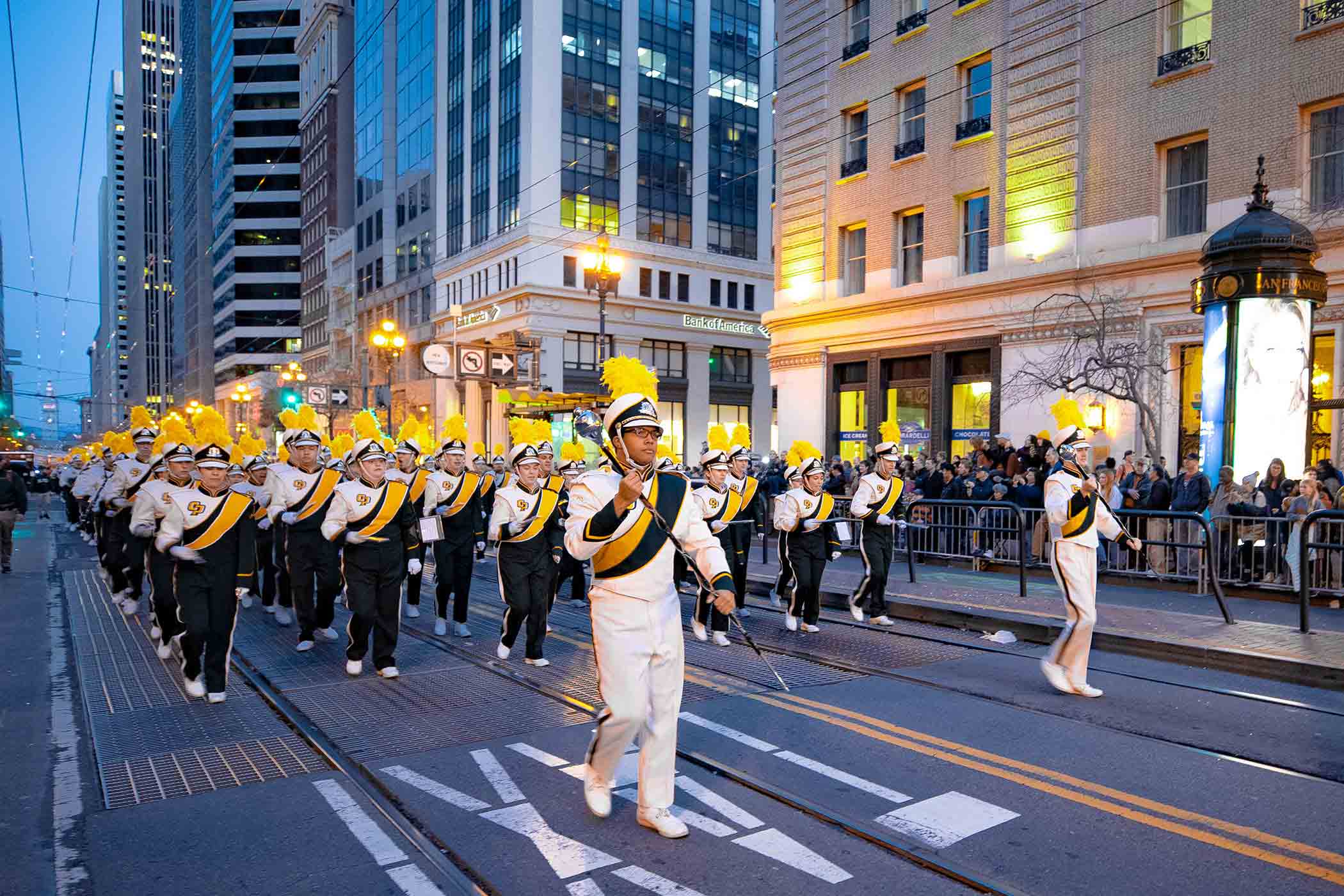 The Mustang Band performs in San Francisco in the 2020 Chinese New Year Parade.
