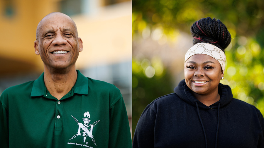 A composite image of two portraits of the award winners. The one on the left shows professor Michael Whitt, who is wearing a green polo shirt. The one on the right shows student Nailah DuBose, who is wearing a thick white headband and a black hoodie. Both are smiling.