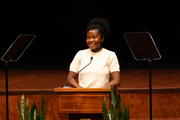 Gracie Babatola speak to faculty and staff at Fall Convocation.