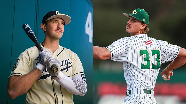 On the left, Brooks Lee wears his gold Cal Poly uniform and poses with his bat. On the right, Drew Thorpe winds up for a pitch during a game.