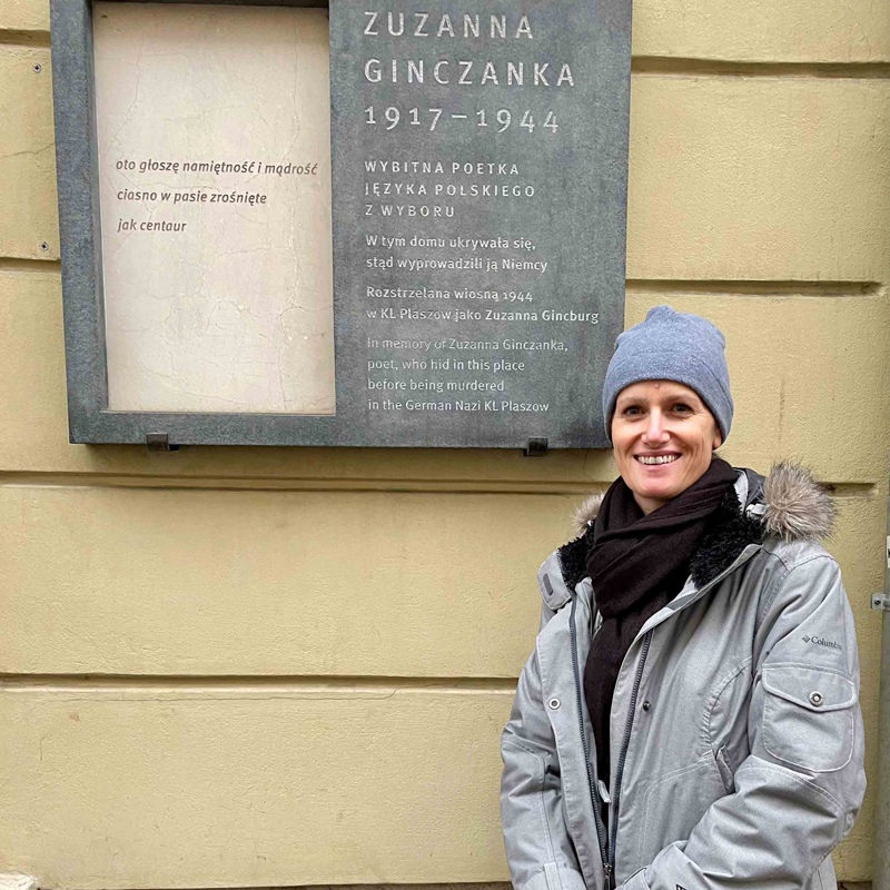 Mira Rosenthal at a memorial plaque for Polish poet Zuzanna Ginczanka