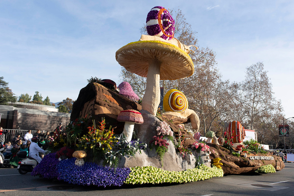 A rear view shot of the 2023 Rose Parade Float