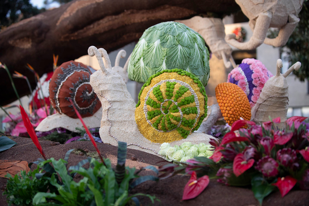 Snails decorated with leaves, flowers and seeds on the Cal Poly Rose Float