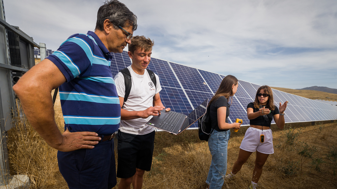 A professor talks with three students conducting research near solar panels in a field