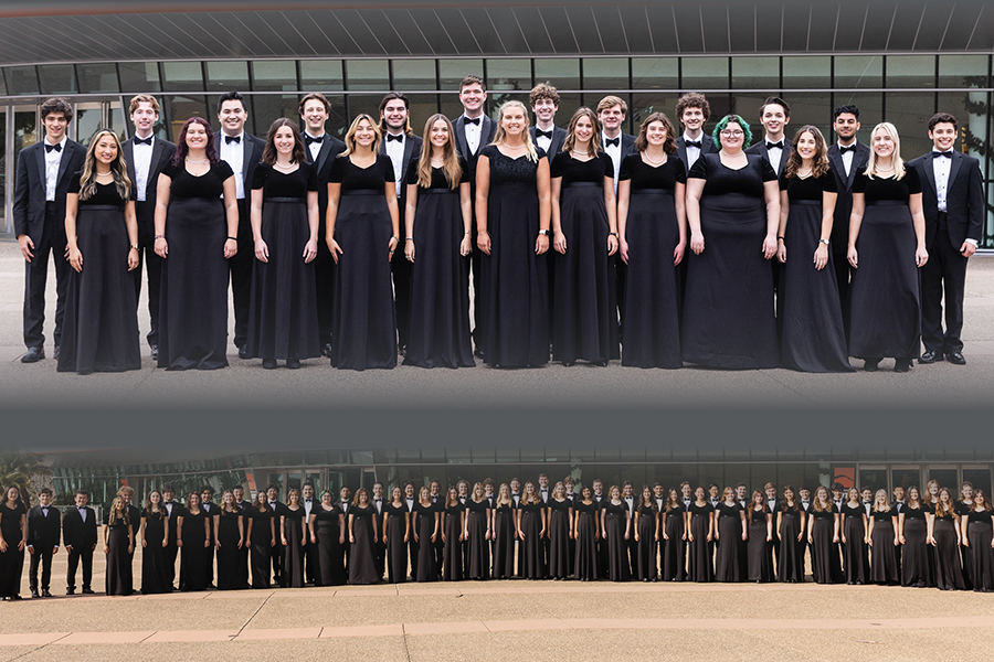 Members of two Cal Poly Choirs, PolyPhonics and the Chamber Choir, pose in front of the Performing Arts Center.