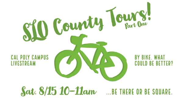 A virtual advertisement featuring a drawing of a green bike that says SLO County Tours! in large letters. The ad is for students to join a livestream around the Cal Poly campus.