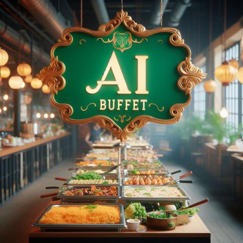 photo illustration showing a buffet of foods in trays with AI Buffet sign