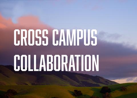 Scenic landscape of a green hillside topped by clouds colored pink from a sunset with text cross campus collaboration
