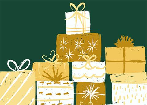 A graphic illustration of gold gift boxes in front of a green background