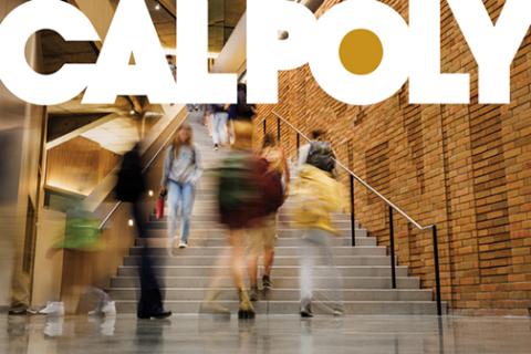 cover of Cal Poly Magazine showing a photo of students climbing stairs at the new Frost Center