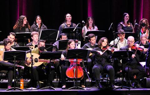 A dozen members of the Arab Music Ensemble perform on stage