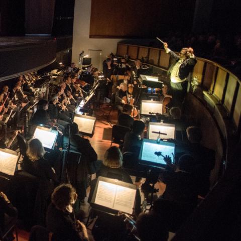 Musicians perform in a sunken orchestra pit in front of stage during a show