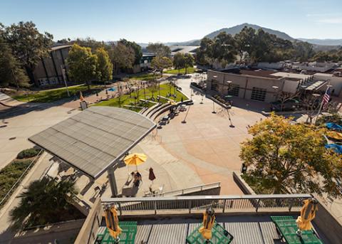 View looking down on University Union Plaza and Mustang Way