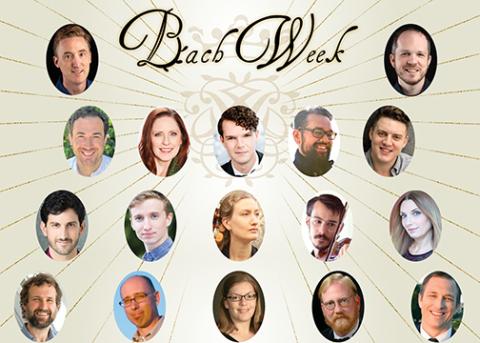 Bach Week poster featuring oval photos of 17 featured performers