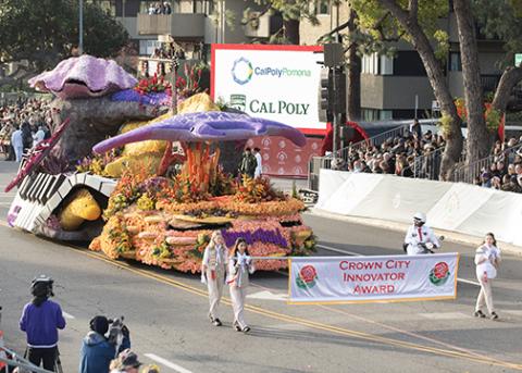 Cal Poly universities award-winning 2024 Rose Parade float, Shock n Roll on New Years Day