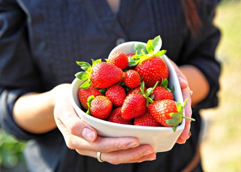 A persons hands holds heart-shaped bowl of strawberries