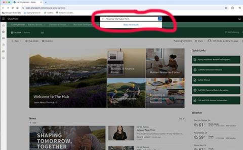 A screenshot showing the search bar of Cal Poly Partners Intranet site