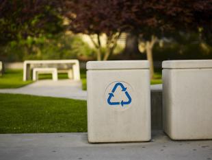 A recycling bin on Cal Poly's campus.