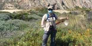 Cal Poly researcher Jenny Phillips with recording equipment in white-crowned sparrow habitat. 