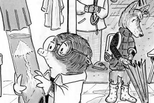 Black-and-white drawing of a mammal wearing a button down shirt and glasses while holding a test tube. In the background, a fox wearing a vest and pants shakes rain off an umbrella.