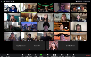A Zoom screenshot showing various students and faculty members virtually meeting.