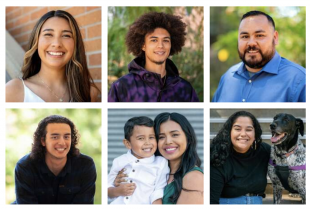 A composite of six photos of recent Cal Poly graduates. Three are men and three are women. One of the women is holding a small child and another is posing with a dog. 
