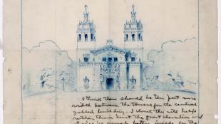 Architectural sketch by Julia Morgan with handwritten notes from William Randolph Hearst.