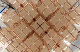 An image of the CUORE crystal array: a set of 1,000 tellurium dioxide crystals that can cool down almost to absolute zero, in a lab built nearly a mile under solid rock,
