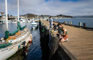 A group of students cluster on a pier in Morro Bay to look at instruments to measure waves and tides. A boat is in the left part of the image.