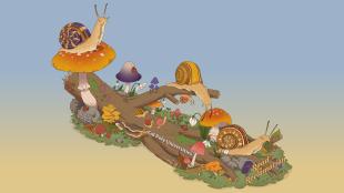 A rendering of the 2023 Cal Poly Rose Float, which features snails, mushrooms and colorful fungi