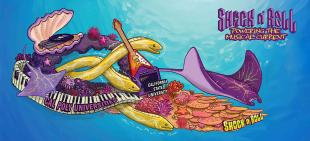 An artist's drawing of the 2024 Rose Float entry shows an eel playing electric guitar and other sea creatures with musical instruments.